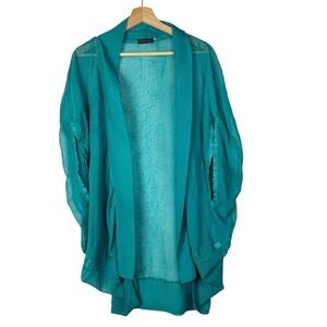 Boutique Reverse Teal Blue Gold Studded Kimono Open Front Top OS